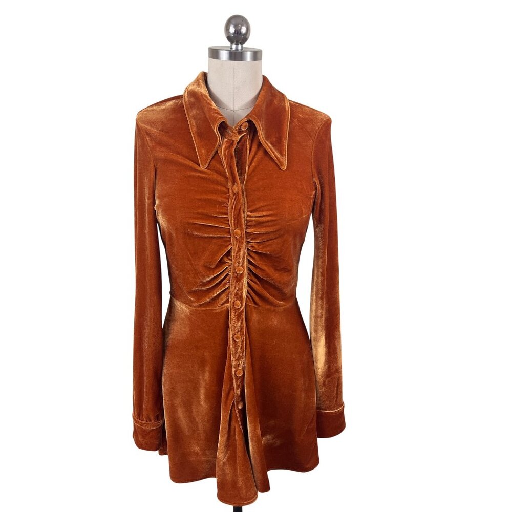 Urban Outfitters Rust Velvet Button-Front Long-Sleeve Retro Dress